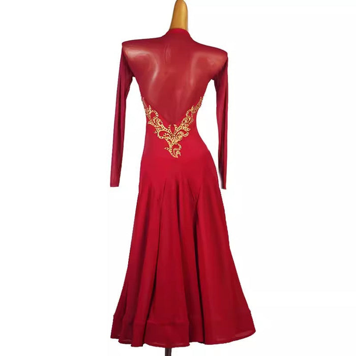 Customisable-Women's Red V-neck Long Sleeve DanceWear Ballroom Dance Dress