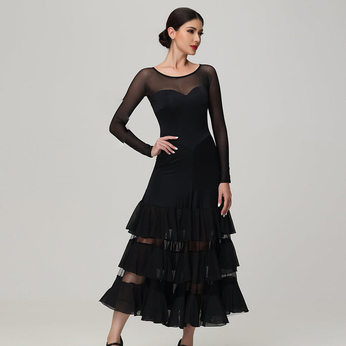 Customisable-Women's Round Neck Long Sleeve WaltModern Ballroom Dance Dress Competition Dresses