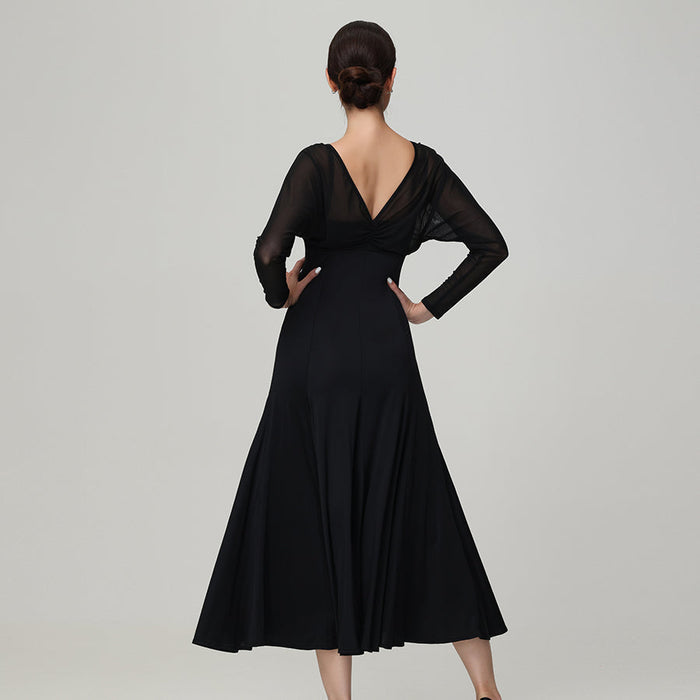 Customisable-Women's V Neck Long Sleeve WaltModern Ballroom Dance Dress Competition Dresses