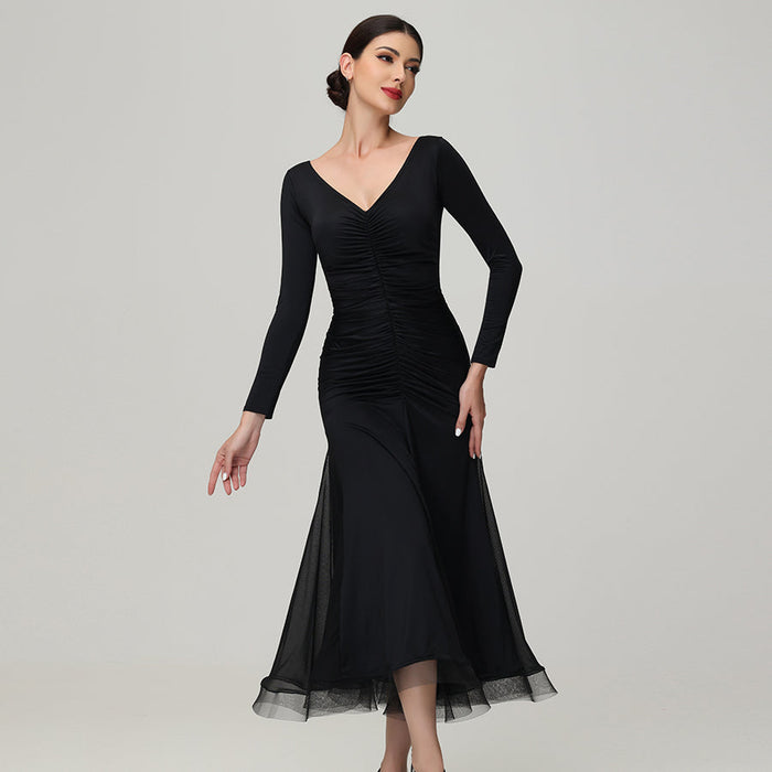 Customisable-Women's V Neck Long Sleeve WaltModern Ballroom Dance Dress Competition Dresses