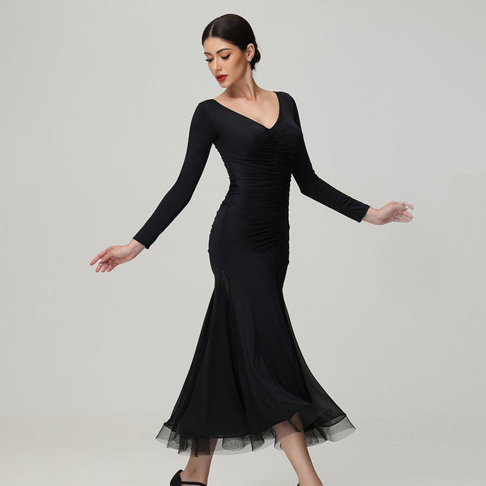 Customisable-Women's V Neck Long Sleeve WaltModern Ballroom Dance Dress Competition Dresses