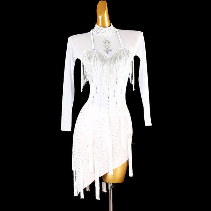 Customisable-Women's White Long Sleeve Tassel DanceWear Dance Dress Performance Wear