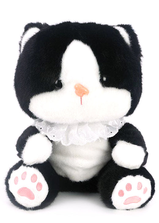 Sleepyville Critters Cute Tuxedo Cat Plush Backpack in black/white with 3D tuxedo cat plush design and lace collar accent on rave festival backpack — front view