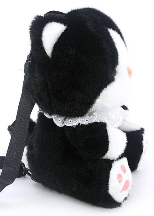 Sleepyville Critters Cute Tuxedo Cat Plush Backpack in black/white with 3D tuxedo cat plush design and lace collar accent on rave festival backpack — side view