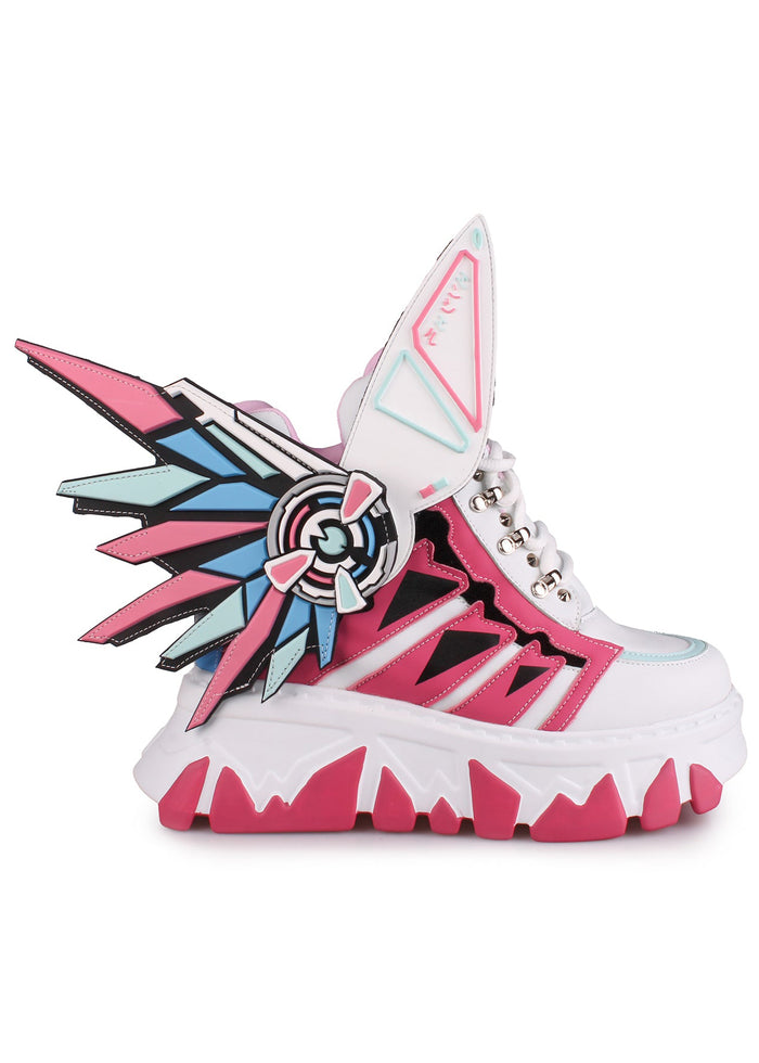Side studio view of Anthony Wang CYBER ANGEL Mech Pink platform sneakers featuring detachable pink and silver cyber-mech armor wing details on a chunky tread wedge sole