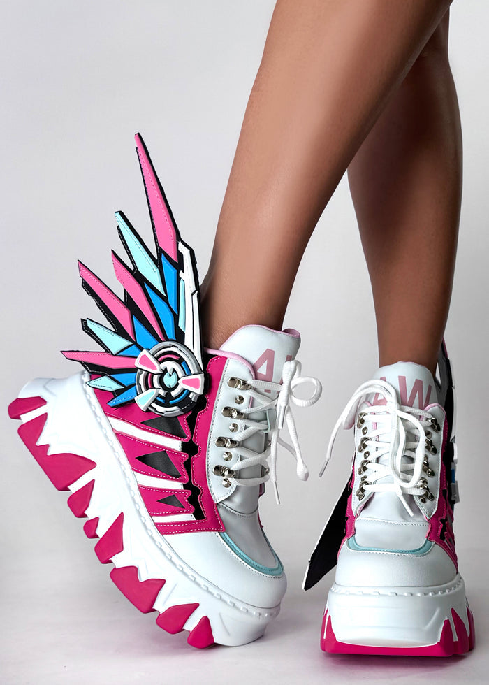 Close-up on-foot view highlighting the intricate pink and metallic silver cyber-mech panels and secure lace-up closure of the Anthony Wang CYBER ANGEL platform sneaker