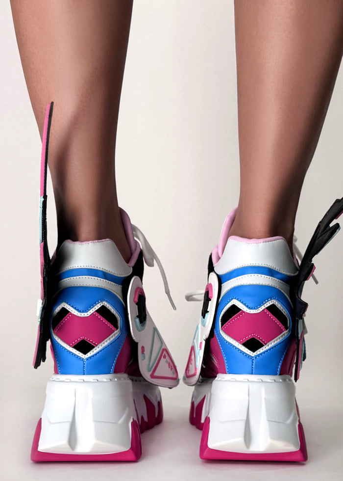 Rear angle styling view of Anthony Wang CYBER ANGEL Mech Pink platform sneakers showing the high sock-like ankle fit and chunky tread rubber outsole from behind