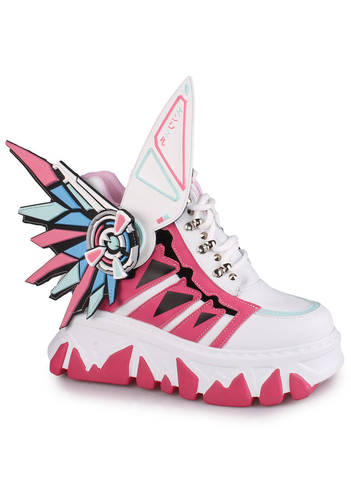 Clean profile studio shot of Anthony Wang CYBER ANGEL Mech Pink platform sneakers showcasing the sleek layered vegan leather upper with the tech armor attachments removed