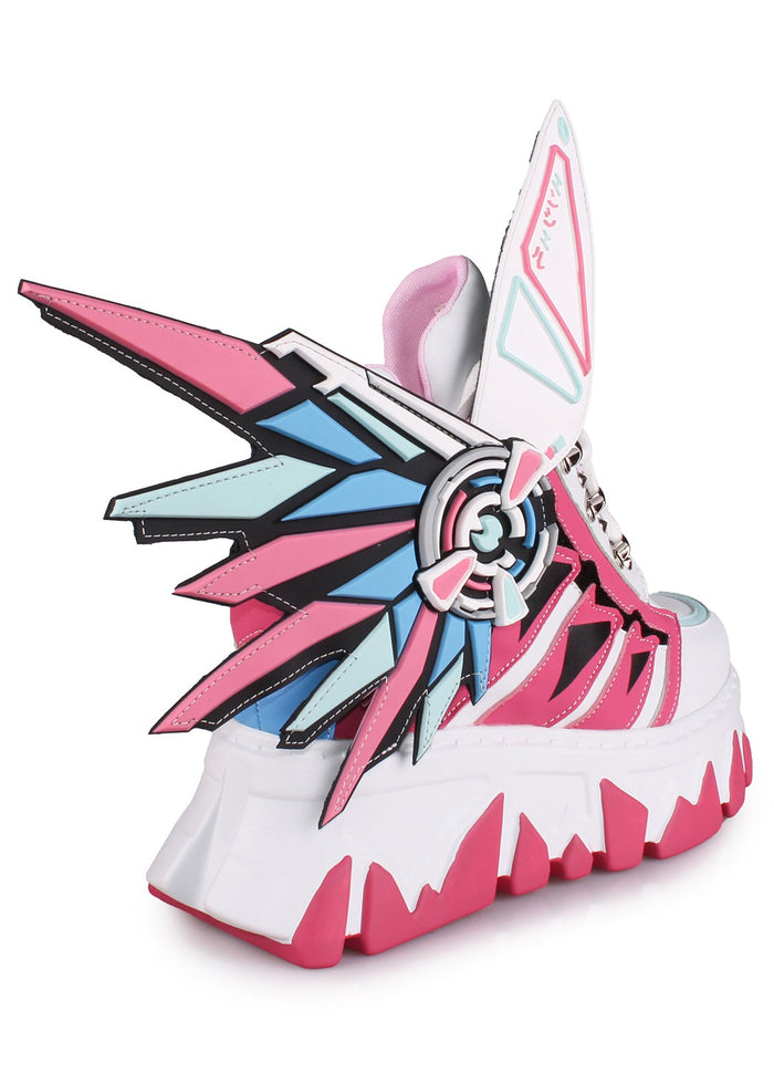 Three-quarter studio view of Anthony Wang CYBER ANGEL Mech Pink platform sneakers highlighting the sculpted white and pink wedge midsole structure