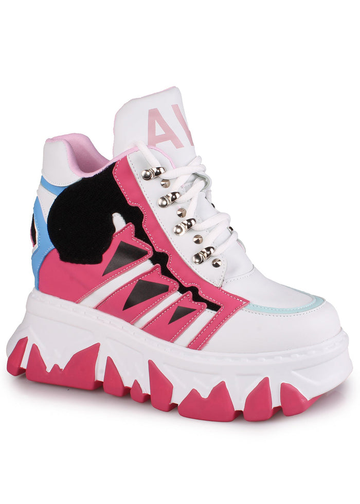 Front on-foot view of Anthony Wang CYBER ANGEL Mech Pink platform sneakers highlighting the secure rope lacing and futuristic high-top paneling layout