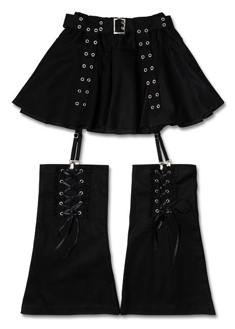 ACDC Rag Dark Abyss Black Mini Skirt with Leg Warmer in black with attached leg warmers on rave mini skirt — front flat lay