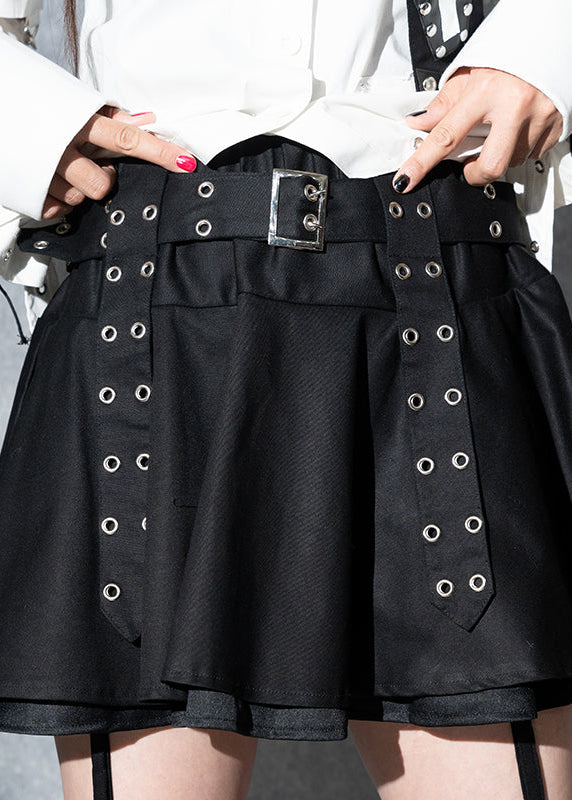 ACDC Rag Dark Abyss Black Mini Skirt with Leg Warmer in black with layered ruffle hem on rave mini skirt — fabric detail
