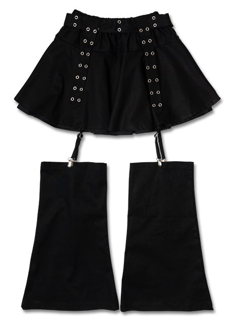 ACDC Rag Dark Abyss Black Mini Skirt with Leg Warmer in black with attached leg warmers on rave mini skirt — back view