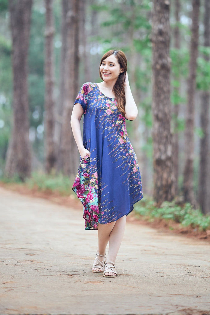 Dark Blue Flower fabric Dress with Sleeves and Two Pockets - Lannaclothesdesign Shop