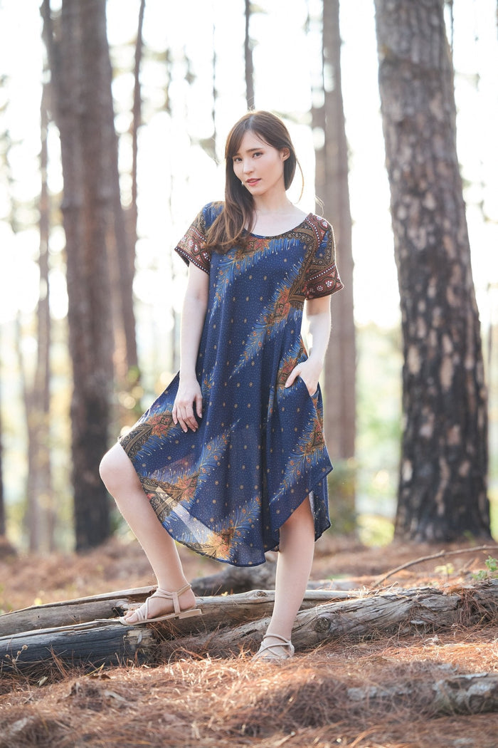 Dark Blue Peacock Fabric Dress with Sleeves and Two Pockets - Lannaclothesdesign Shop