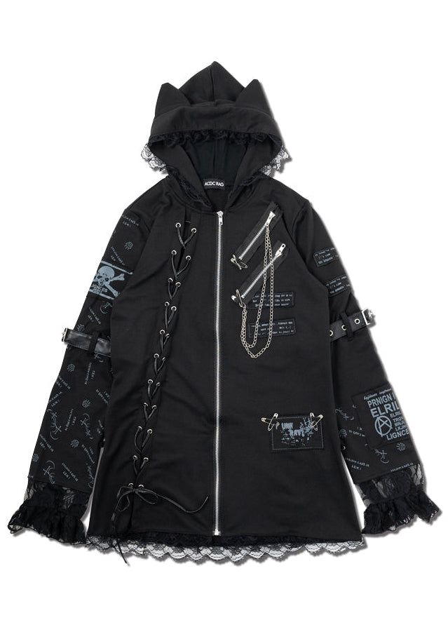 ACDC Rag Dark Gothic Cat Ear Punk Crown Zip Jacket in black with corset lace-up front and chain accent — front view