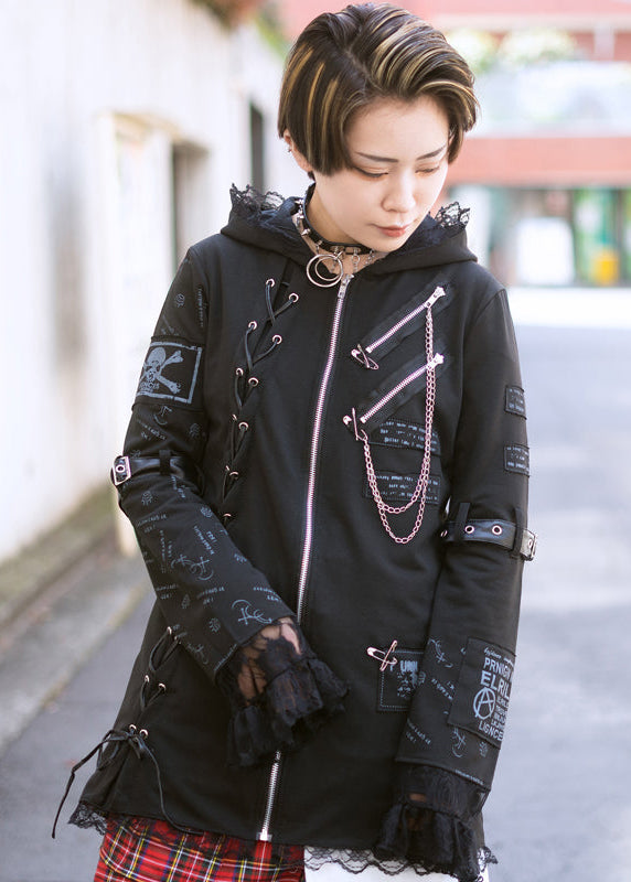 ACDC Rag Dark Gothic Cat Ear Punk Crown Zip Jacket on model showing cat ear crown hood and lace trim — front view
