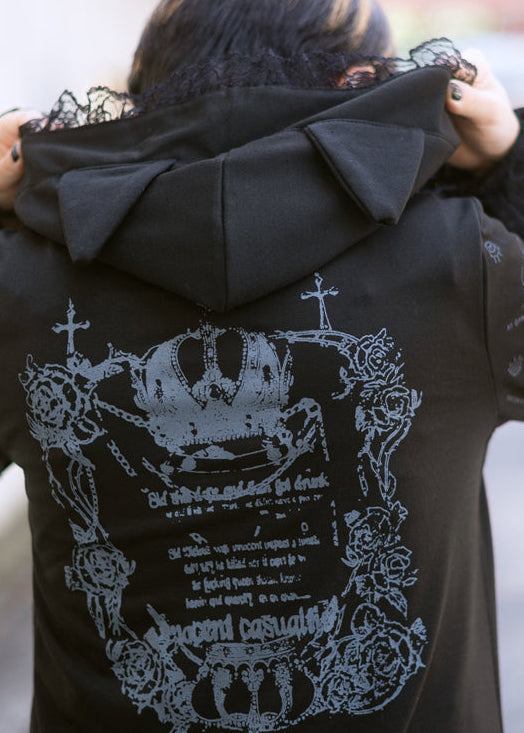 ACDC Rag Dark Gothic Cat Ear Punk Crown Zip Jacket close-up of silver chain accent and zip closure detail