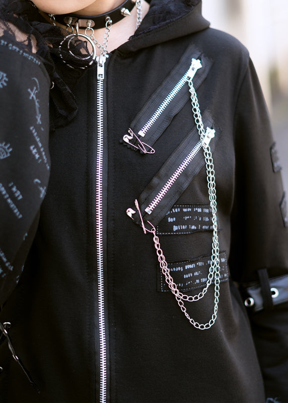 ACDC Rag Dark Gothic Cat Ear Punk Crown Zip Jacket close-up of corset lace-up detail and safety pin patches