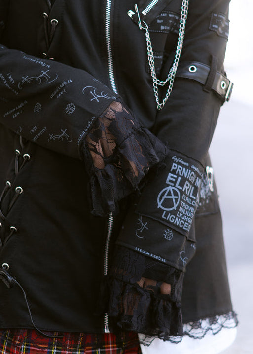 ACDC Rag Dark Gothic Cat Ear Punk Crown Zip Jacket close-up of gothic skull print sleeve and buckle strap hardware