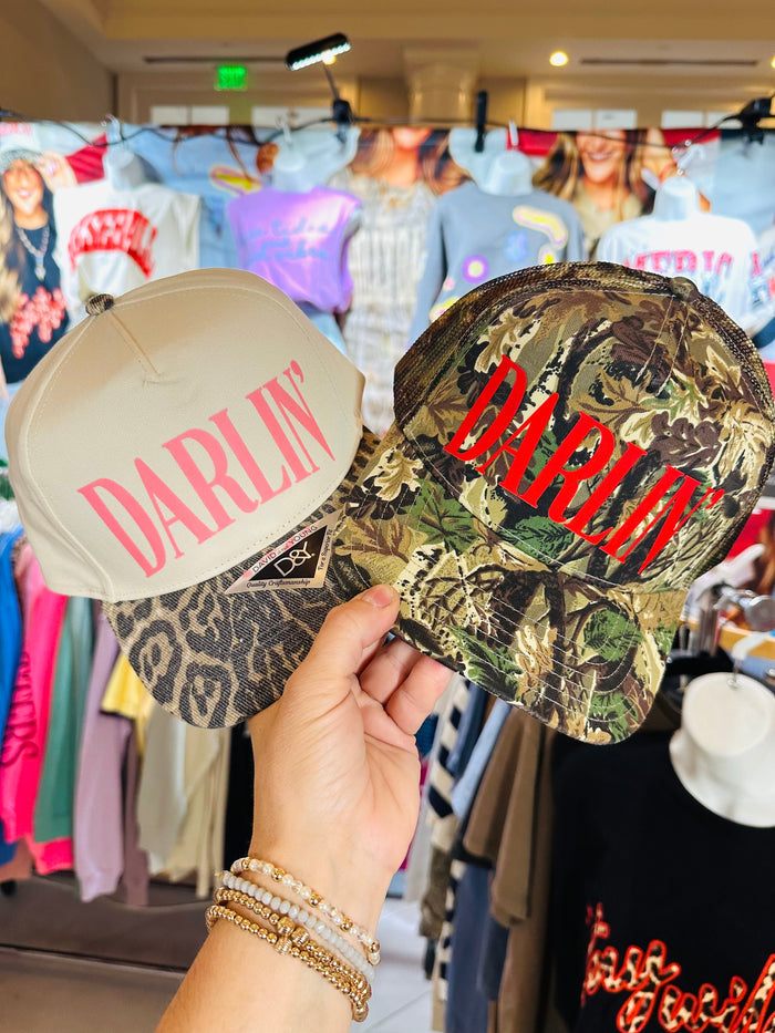 Darlin' (red font) Real Camo Canvas Trucker Hat