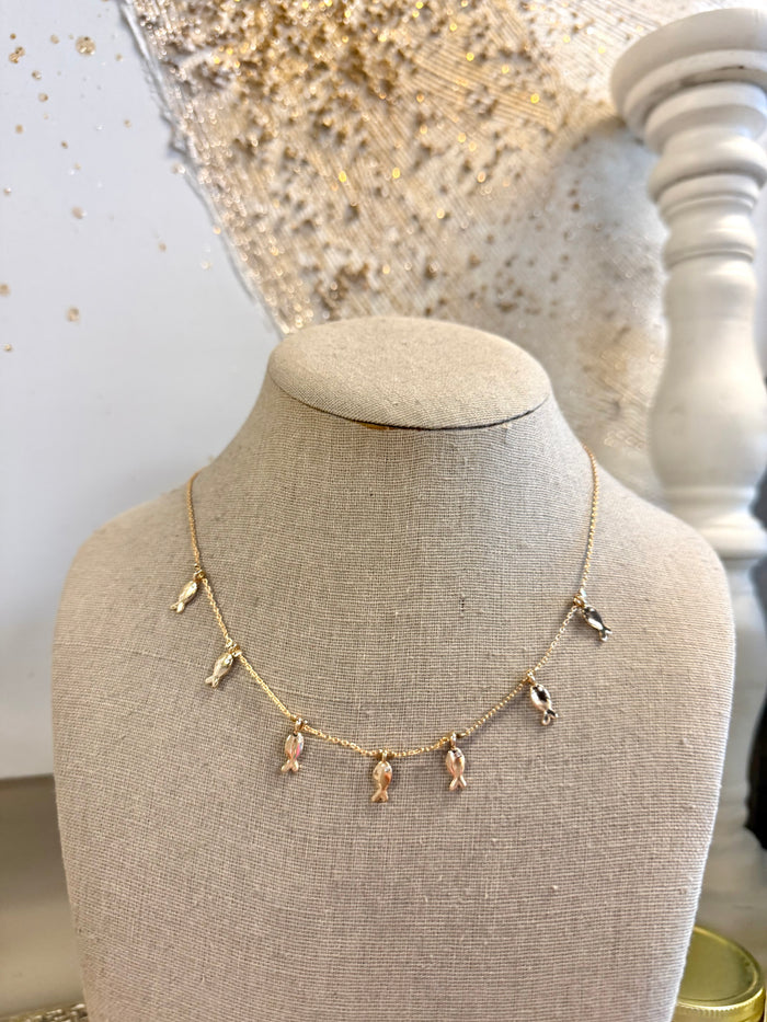 Delicate fish charm pendant stationed fine chain