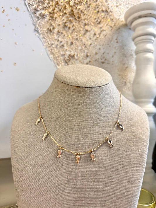 Delicate fish charm pendant stationed fine chain