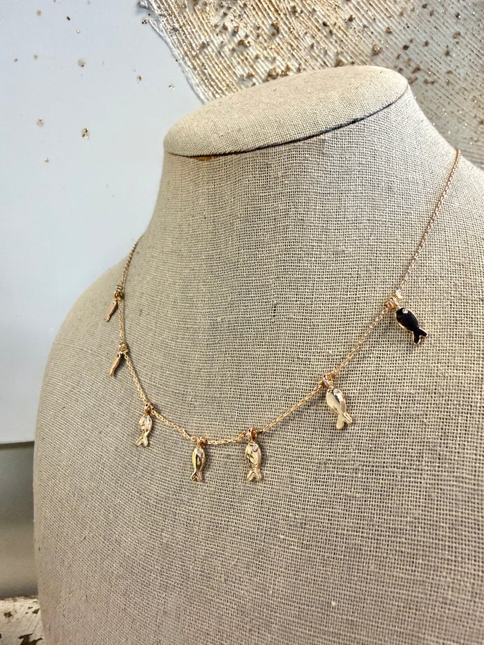 Delicate fish charm pendant stationed fine chain