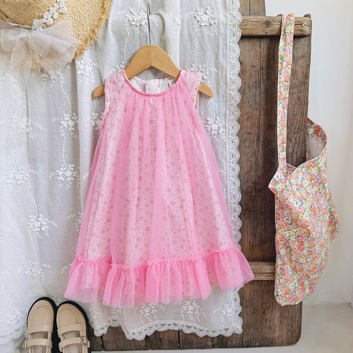 Design Summer Kids Girls Cute Floral Print Sleeveless Mesh Dress