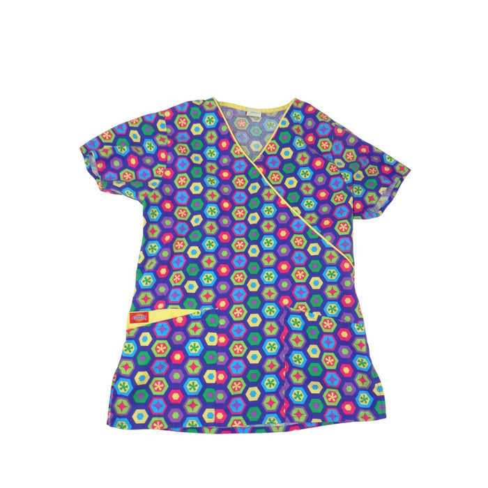 Dickies Womens XS Scrub Top Purple Geometric Hexagon Mock Wrap V Neck Back Tie0