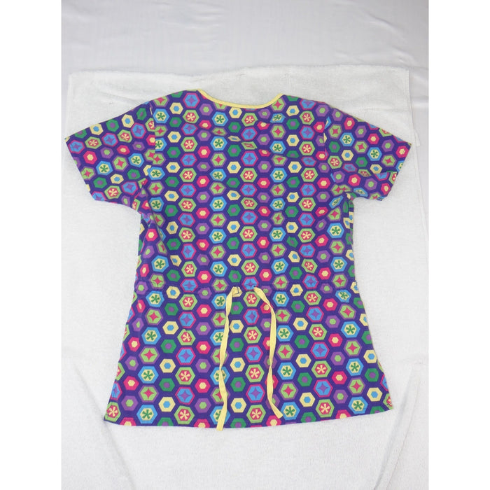 Dickies Womens XS Scrub Top Purple Geometric Hexagon Mock Wrap V Neck Back Tie1