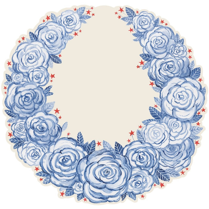 Decorative wreath with blue roses and red stars on a beige background
