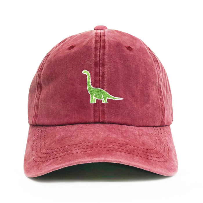 Dinosaur Dad Hat – Washed red 6-panel embroidered hat with green dinosaur design. Funny dad gift by Dad Brand.