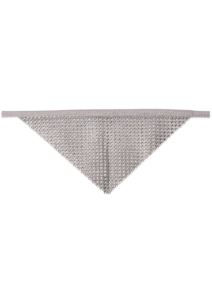 BGlittz Disco Doll Crystal Face Mask in silver with triangular crystal fabric and chained backing on handmade rave crystal mask — front view