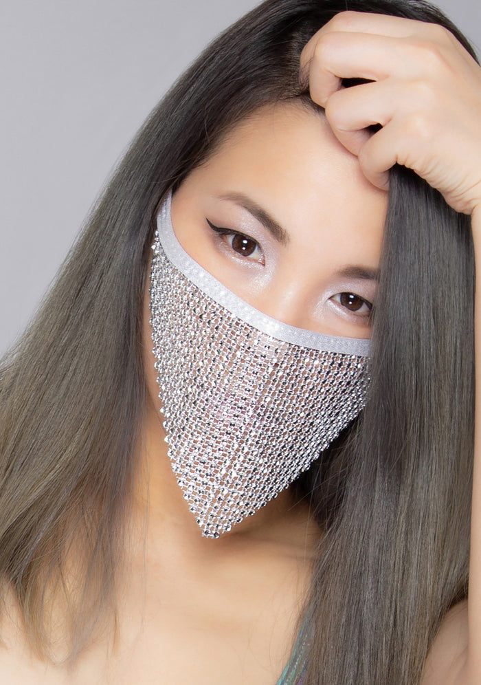 BGlittz Disco Doll Crystal Face Mask in silver with triangular crystal fabric and chained backing on handmade rave crystal mask — model side view