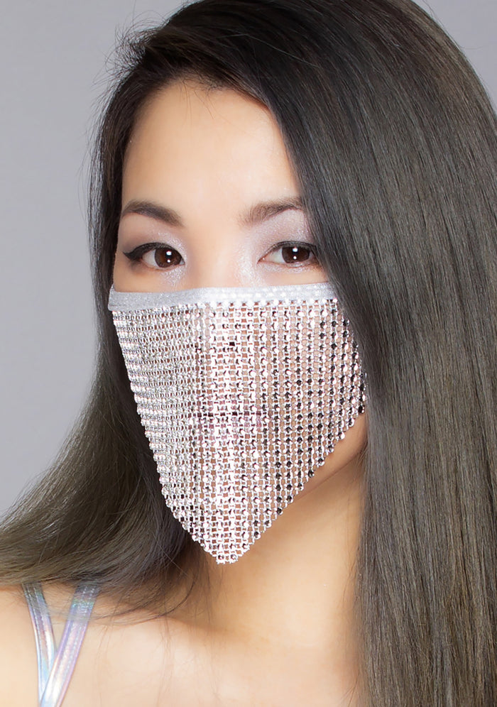 BGlittz Disco Doll Crystal Face Mask in silver with triangular crystal fabric and chained backing on handmade rave crystal mask — model view