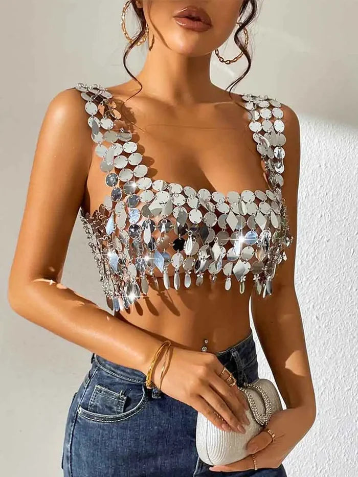 Disco Silver Sequin Strappy Bra Top