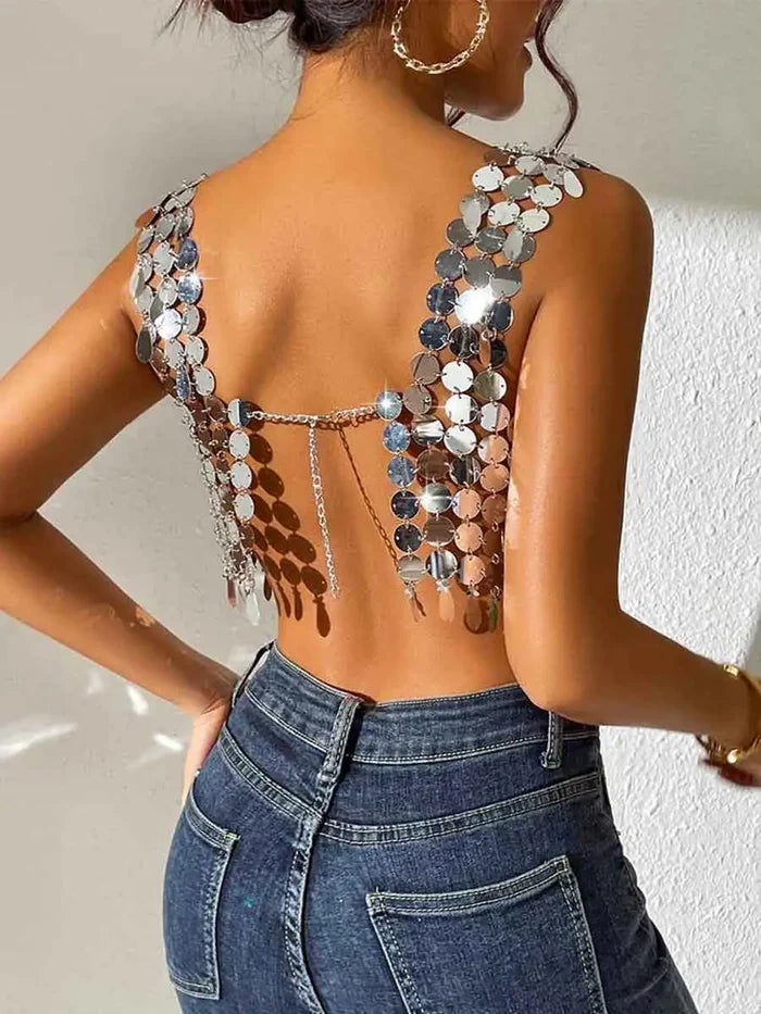 Disco Silver Sequin Strappy Bra Top