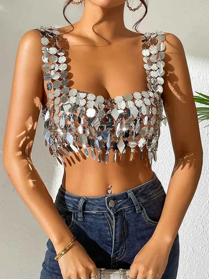 Disco Silver Sequin Strappy Bra Top