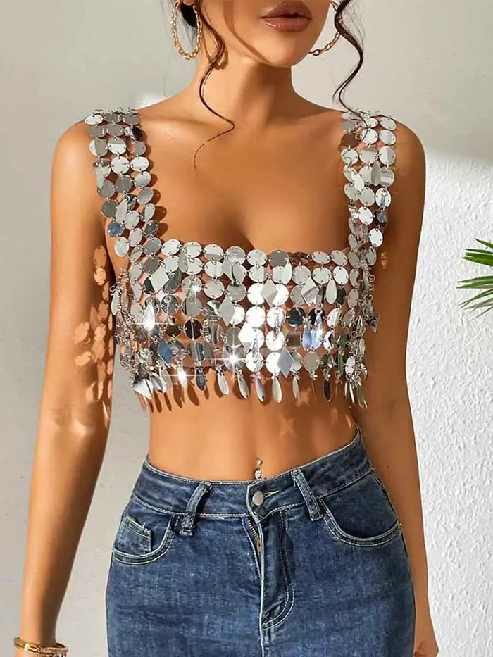 Disco Silver Sequin Strappy Bra Top