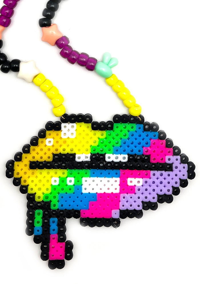 LASR Disko Kiss Lips Rave Kandi Necklace — detail view