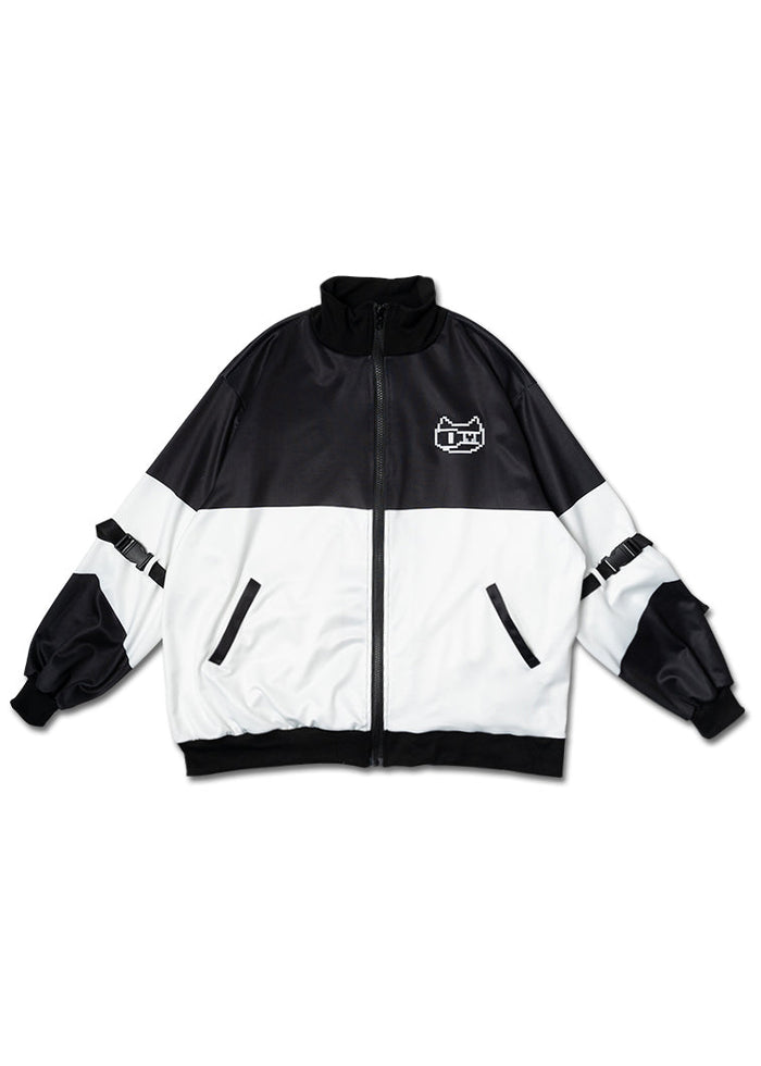 ACDC Rag Dot Cat Gamer Black White Oversized Jacket with pixel cat embroidery — front view