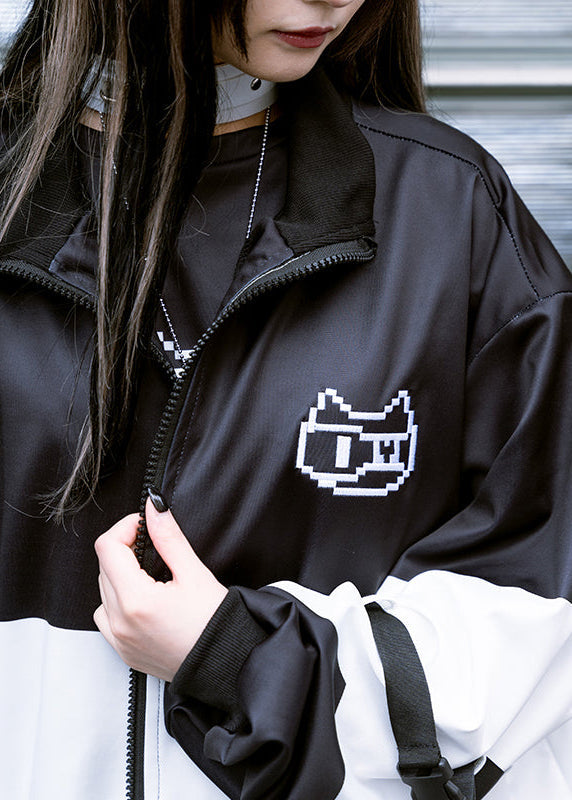 ACDC Rag Dot Cat Gamer Black White Oversized Jacket close-up of pixel cat embroidery graphic