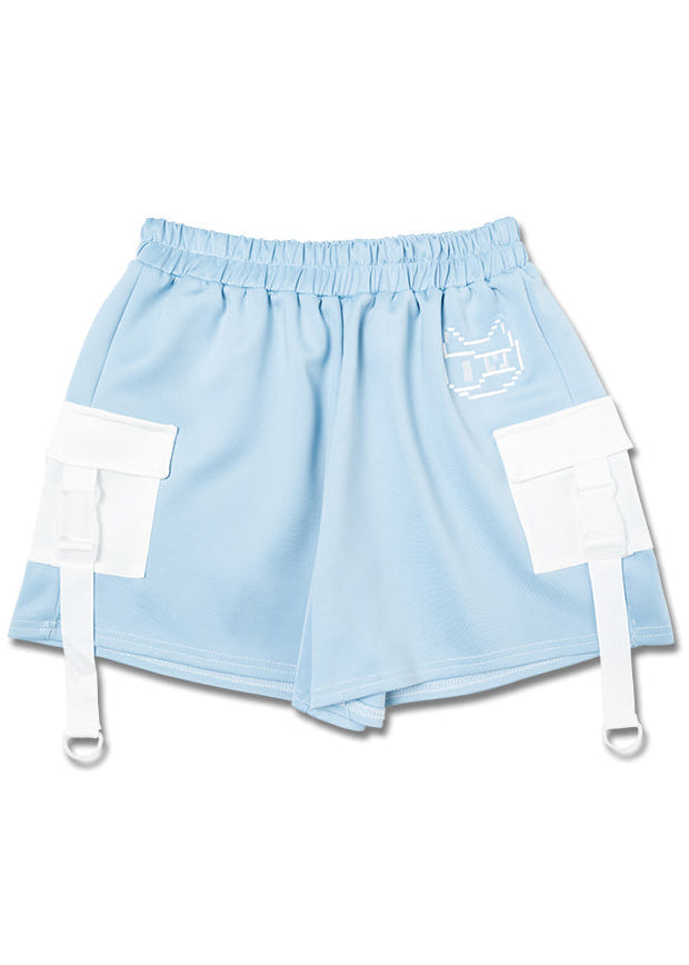 ACDC Rag Dot Cat Gamer Pastel Blue White Shorts with embroidered pixel cat graphic and cargo pockets on rave festival shorts — front view
