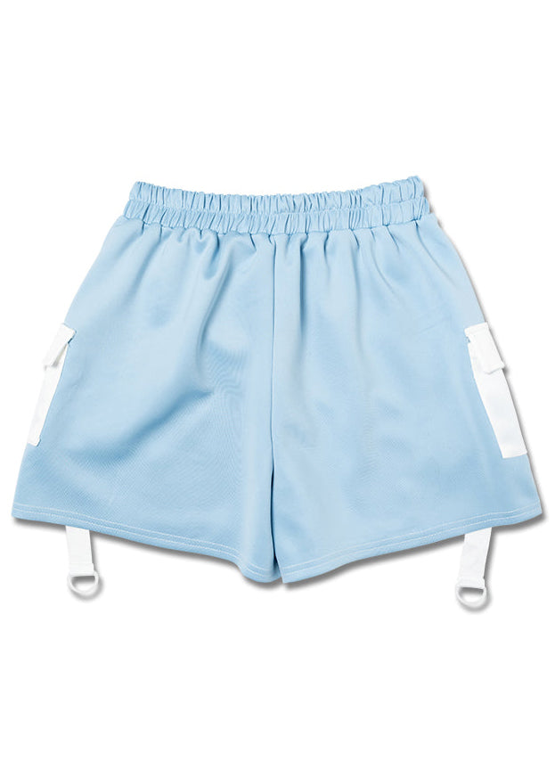 ACDC Rag Dot Cat Gamer Pastel Blue White Shorts with embroidered pixel cat graphic and cargo pockets on rave festival shorts — back view