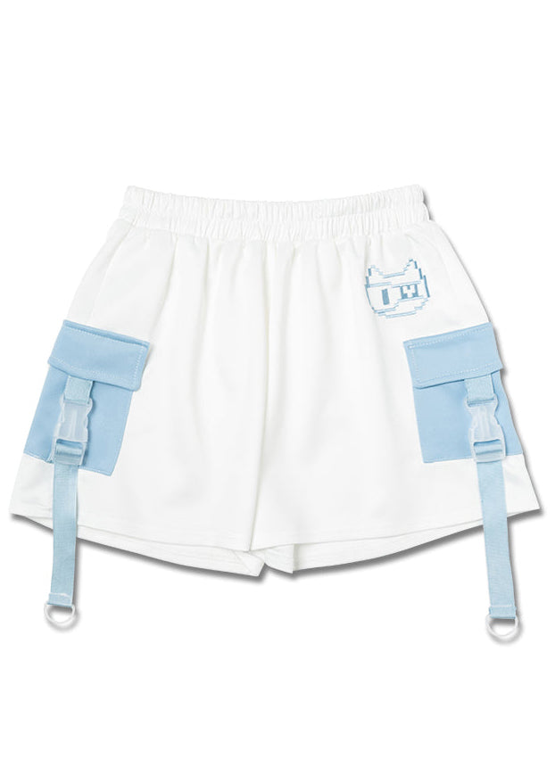 ACDC Rag Dot Cat Gamer White Blue Shorts with embroidered pixel cat graphic — front view