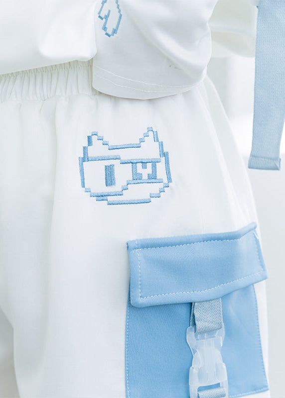 ACDC Rag Dot Cat Gamer White Blue Shorts close-up of D-ring buckle strap detail