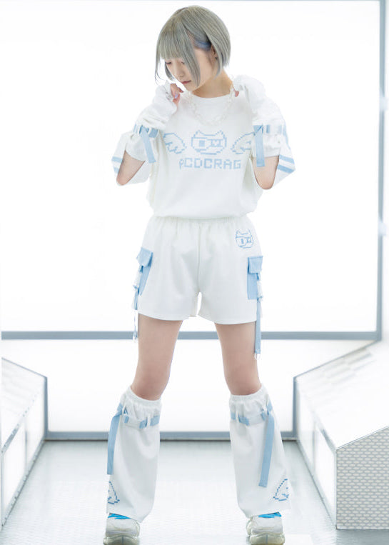 ACDC Rag Dot Cat Gamer White Blue Shorts close-up of pixel cat embroidery detail