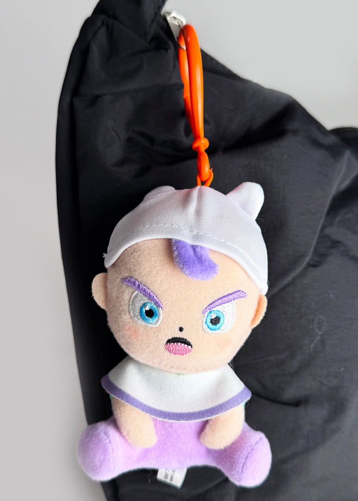 Bandai Dragon Ball Daima Baby Trunks Plush Mascot Keychain in multicolor with chibi Baby Trunks plush design and keychain clip — detail view