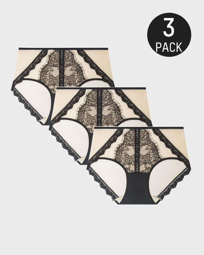 Elegant Antibacterial Mulberry Silk Mid-Waist Lace Panel Panties (3 Pack)